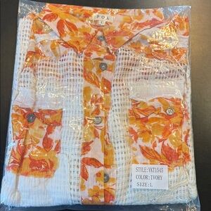 POL White and Orange Floral Mesh Shirt- NWOT